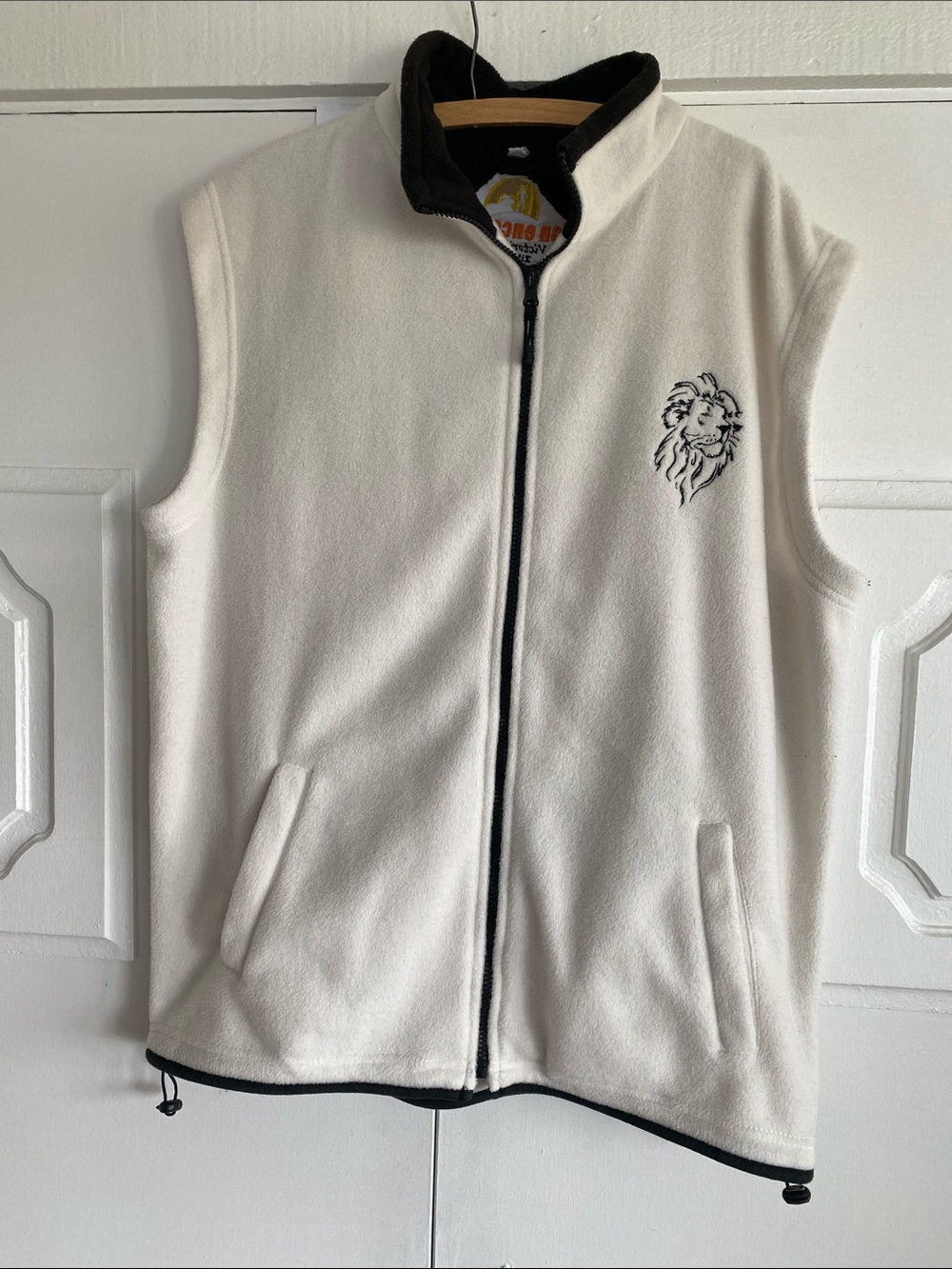 Lion Encounter White w Black Fleece Vest with Embroidered Patch